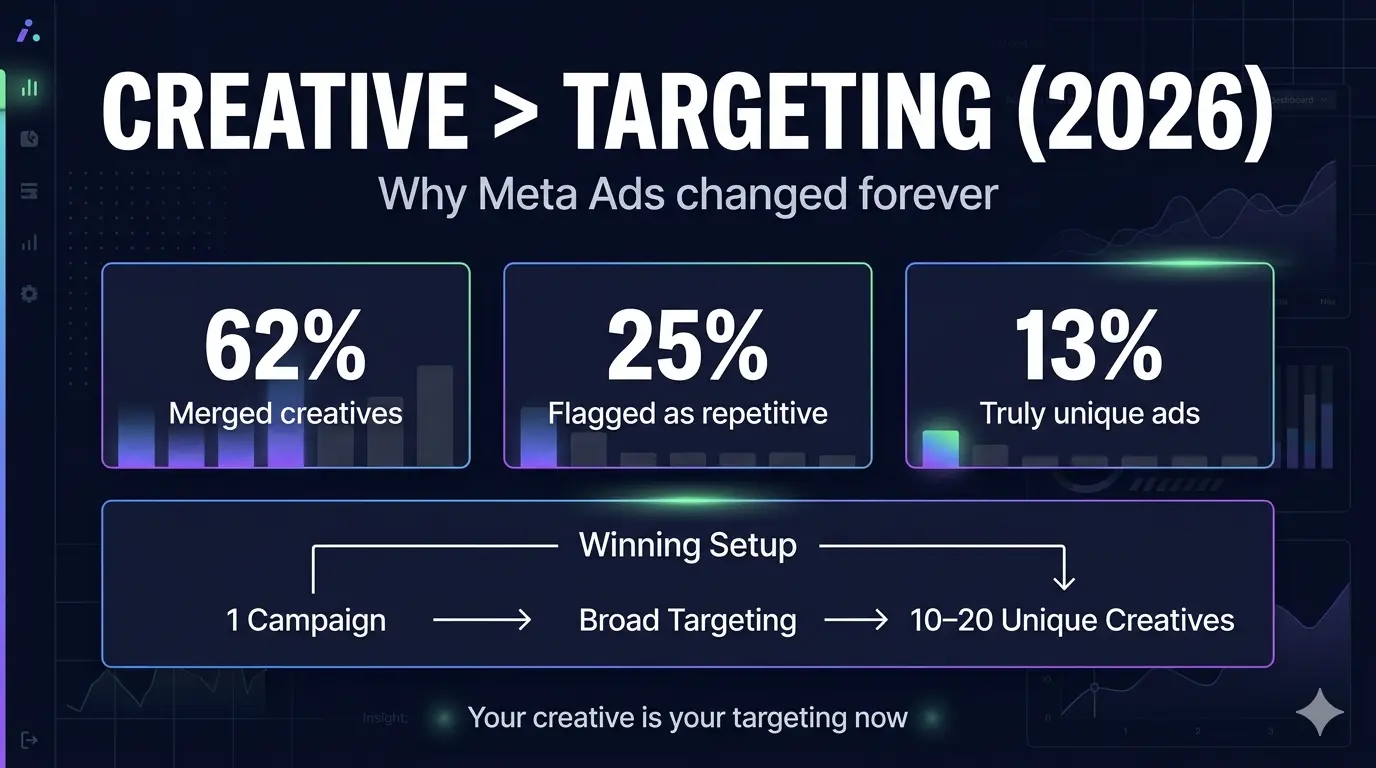 Creative vs Targeting in 2026 — why Meta Ads changed forever: 62% merged creatives, 25% flagged as repetitive, only 13% truly unique ads