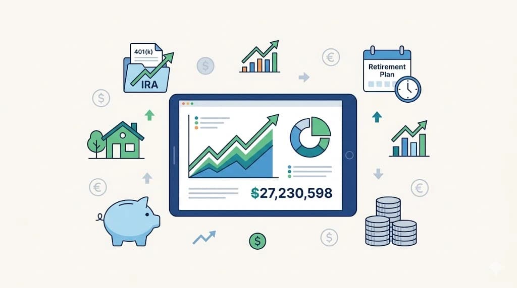 Illustration of a retirement planning dashboard with IRA and 401(k) accounts, savings, investment growth, and a retirement plan calendar